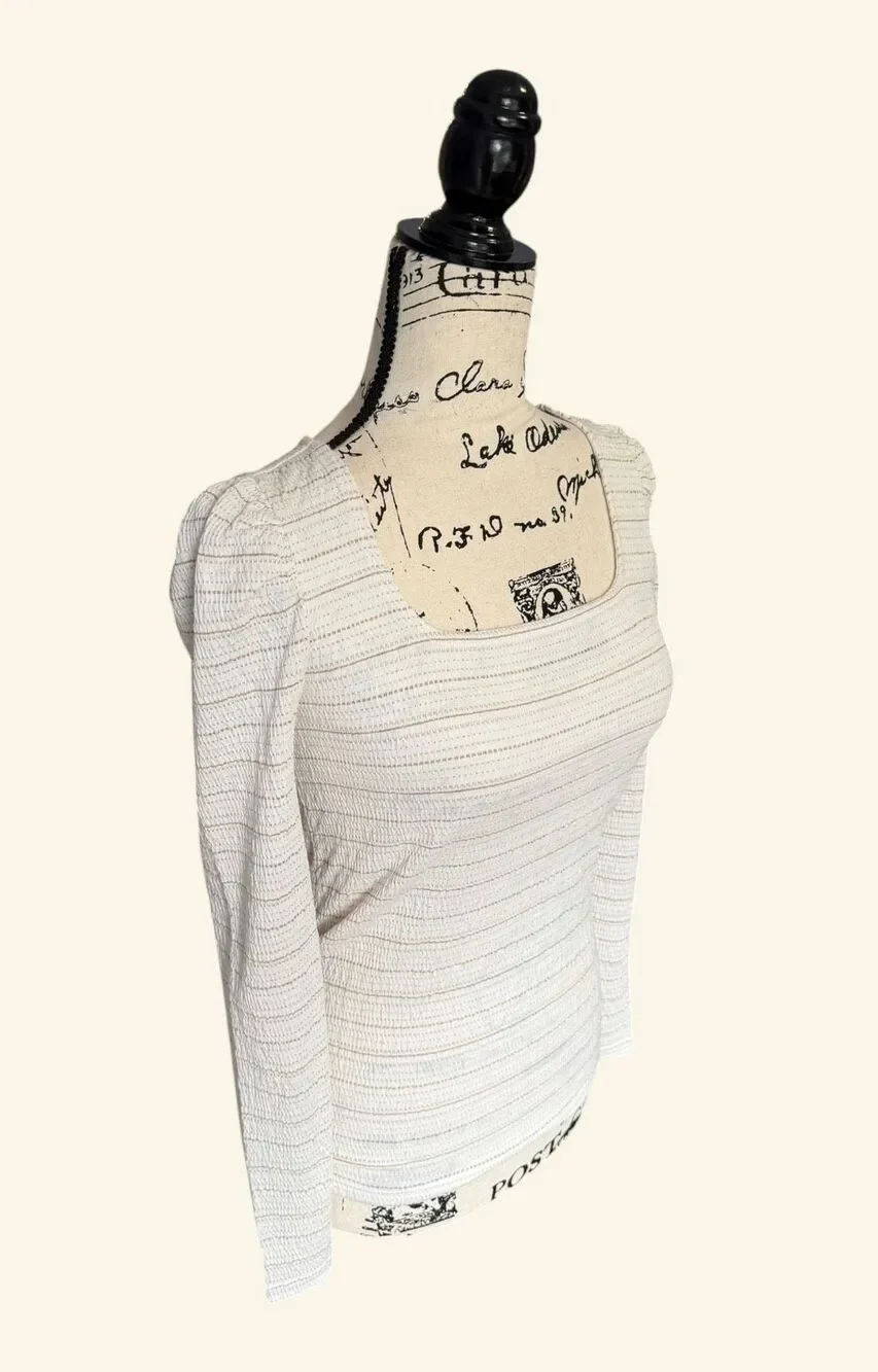 NWT LOFT Sparkle Puff Sleeve Square Neck Top Cream Gold Metallic Striped XS